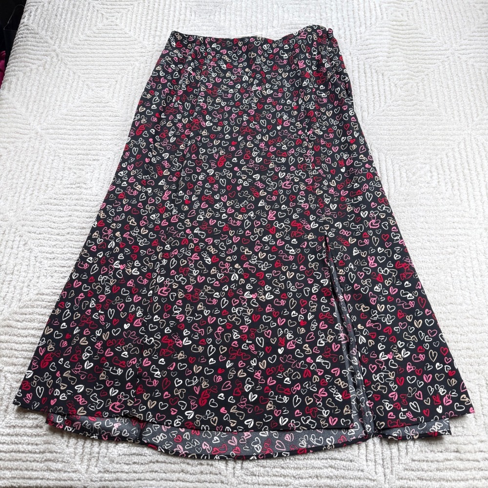 LOFT Midi Skirt Womens 8 Black Pink Heart Print Side Slit Romantic Valentine NWT